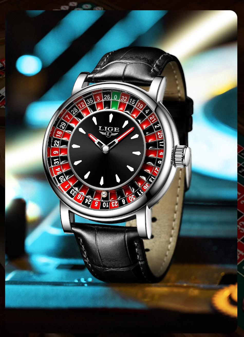 LIGE 2025 NEW mens watch Featured Dial Las Vegas Roulette Table Desk Theme waterproof quartz watches for men reloj hommes+BOX