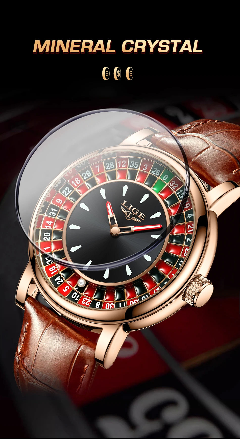 LIGE 2025 NEW mens watch Featured Dial Las Vegas Roulette Table Desk Theme waterproof quartz watches for men reloj hommes+BOX