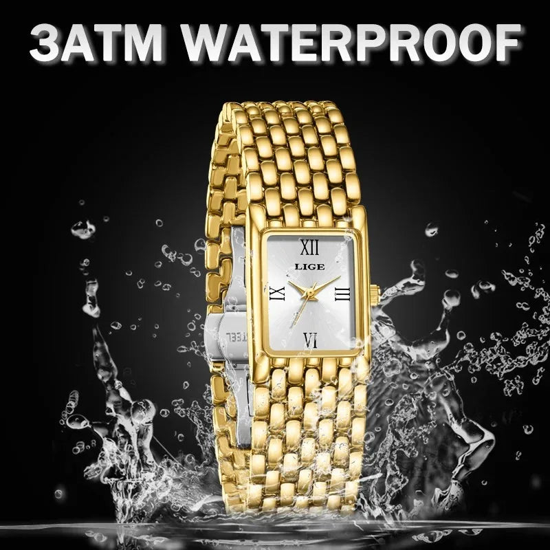 LIGE Watch Women Fashion Casual Luxury Womens Waterproof Square Dial Steel Belt Quartz Wrist Watches Christmas Gifts Reloj Mujer