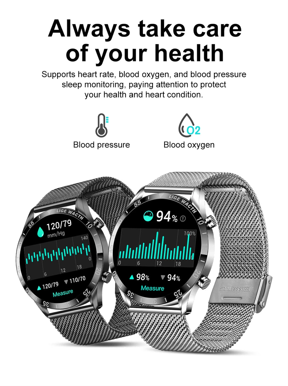 LIGE Men Smart Watch Bluetooth Call Luxury Full Circle Touch Screen Steel Band Waterproof Sports Fitness Watch For Android IOS