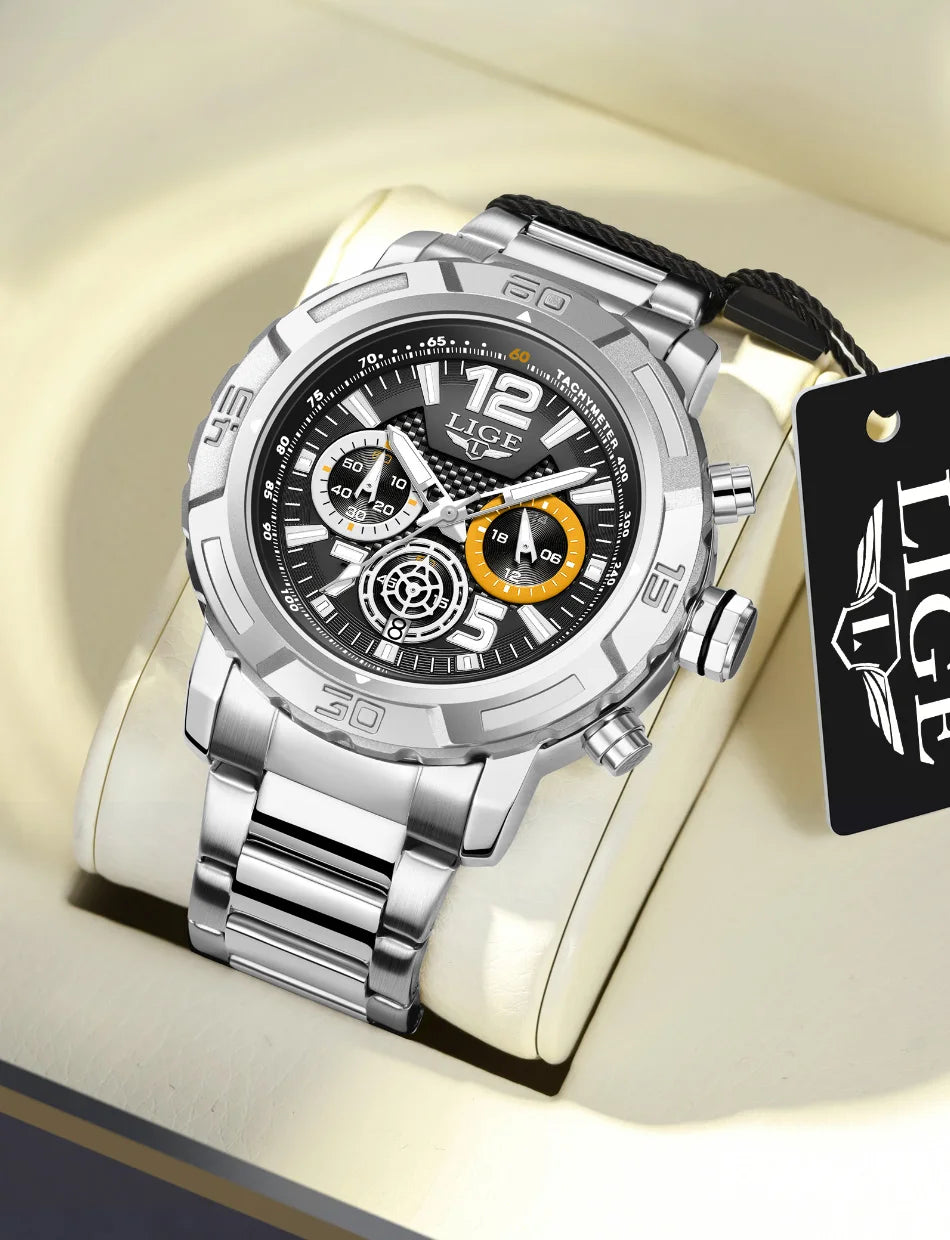 LIGE Fashion Luxury Watch for Men Top Brand Big Dial Waterproof Quartz Men's Watches Stainless Band Calendar Clocks Wristwatches