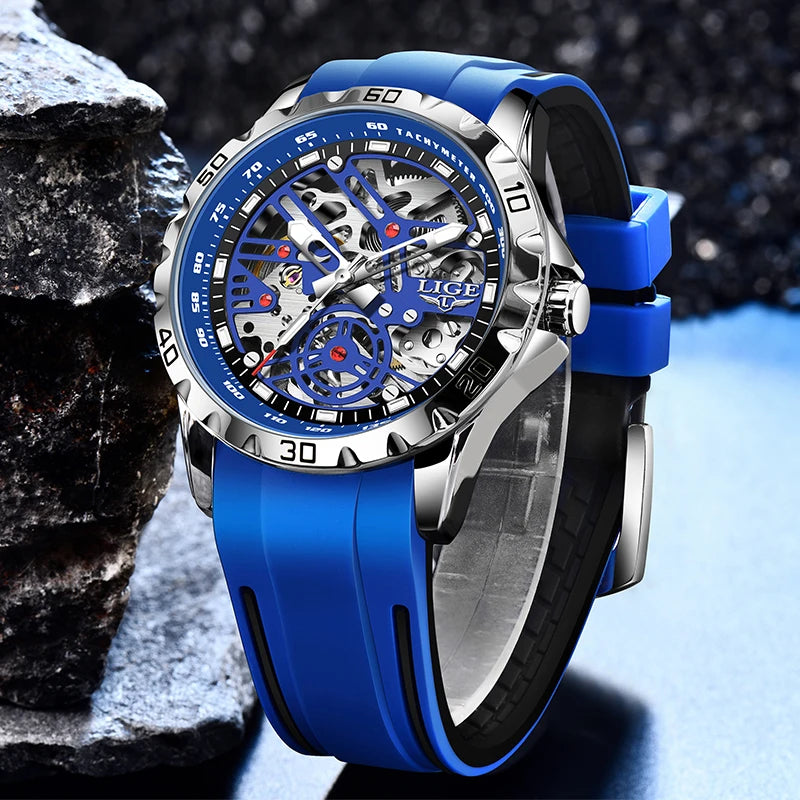 LIGE Luxury Men  Automatic Mechanical Watch Luminous Hollowed Movement Waterproof Luminous Mechanical wristwatches  Reloj Montre