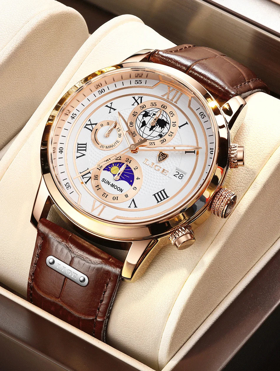 LIGE Brand Luxury Mens Watch Business Fashion Quartz Wristwatch Sport Waterproof Luminous Leather Strap Watches Men Reloj hombre