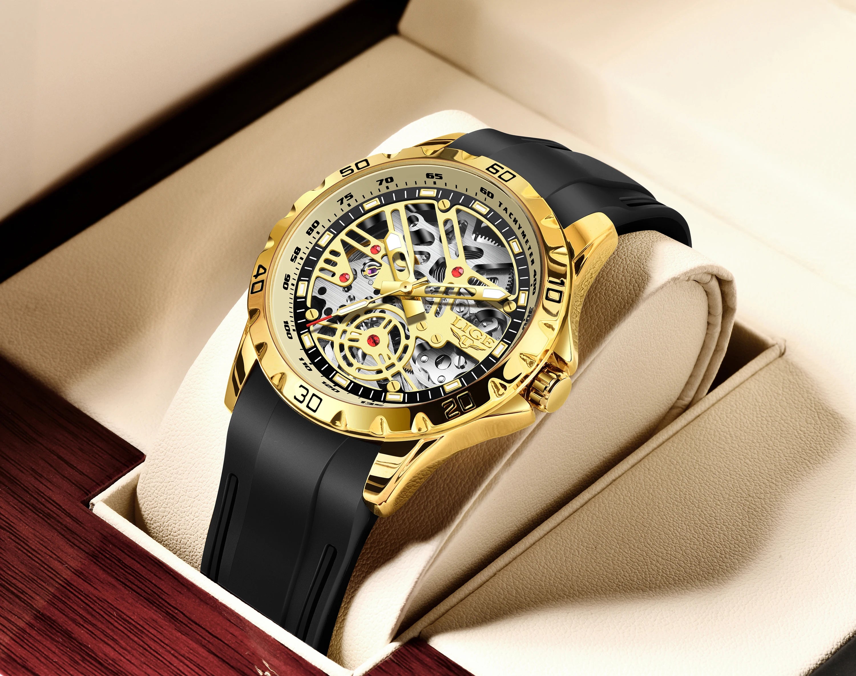 LIGE Luxury Men  Automatic Mechanical Watch Luminous Hollowed Movement Waterproof Luminous Mechanical wristwatches  Reloj Montre