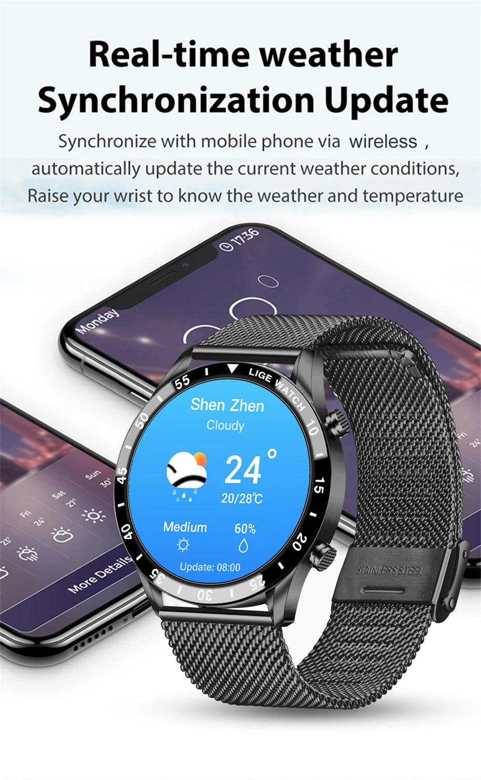 LIGE Men Smart Watch Bluetooth Call Luxury Full Circle Touch Screen Steel Band Waterproof Sports Fitness Watch For Android IOS