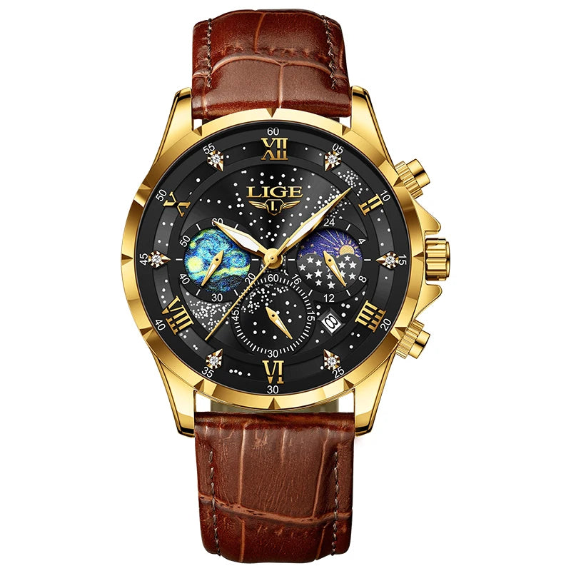 LIGE Top Luxury Brand Men Genuine Leather Sports Watches Men's Army Military Watch Male Date Quartz Clock Relogio Masculino