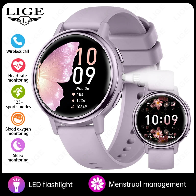 LIGE New Lady Fashion Smart Watch 1.26" HD Heart Rate Women's Health Bluetooth Voice Call Waterproof Flashlight Smartwatch