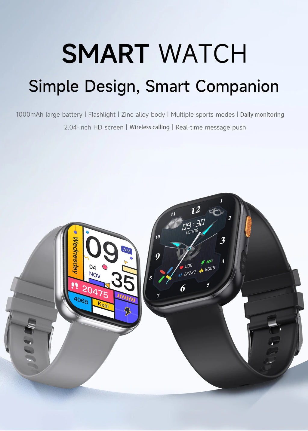 LIGE 2026 1000mAh Battery Men Women Smart Watch 2.04" HD Large Screen Flashlight Hear Rate Bluetooth Call Smartwatch 100+ Sports