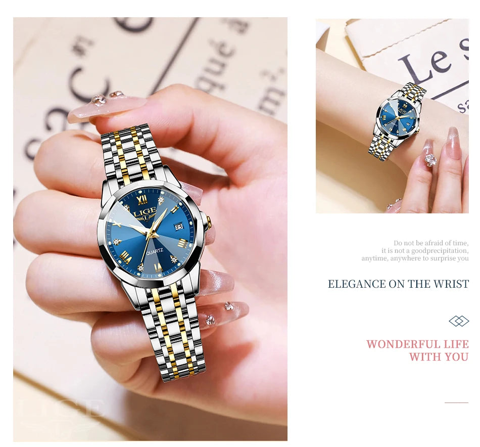 LIGE Women Watches Luxury Fashion Ladies Quartz Watch Waterproof Luminous Date Stainless Steel Wristwatch Girlfriend Gift