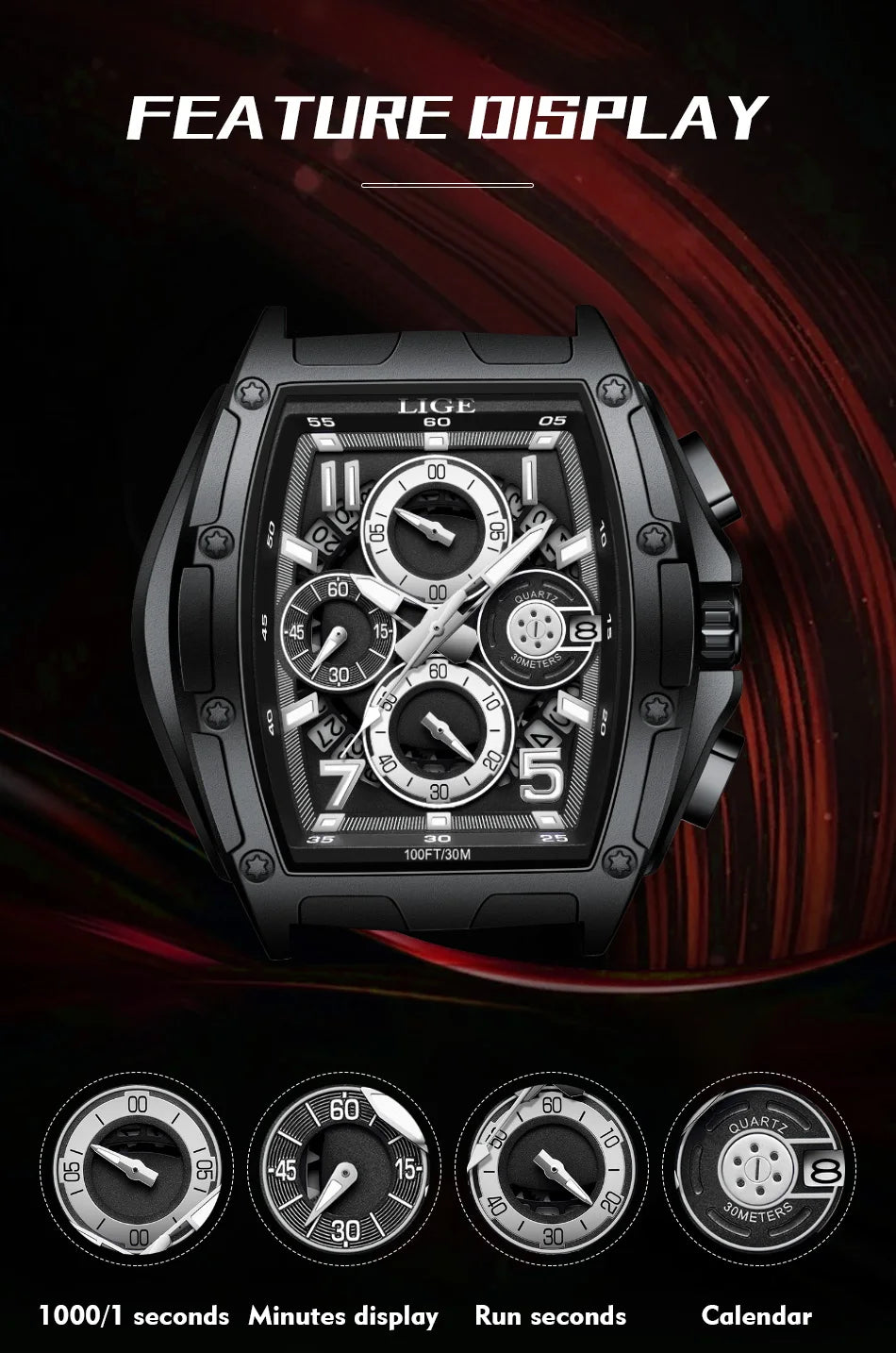 LIGE  Luxury Men‘s Watches Business Waterproof Male Clock Luminous Silicone Band Date Square Quartz Man Watches Reloj Hombre