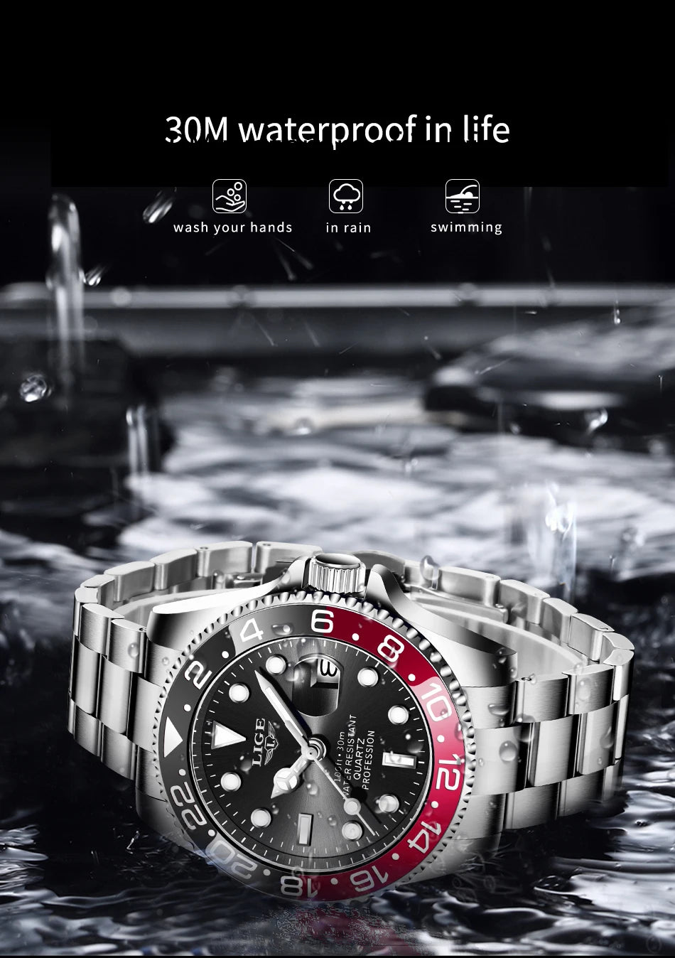 LIGE New Mens Watches Top Brand Luxury Fashion Black Watch Men Luminous Waterproof Date Clock Sport Mens Quartz Wristwatch