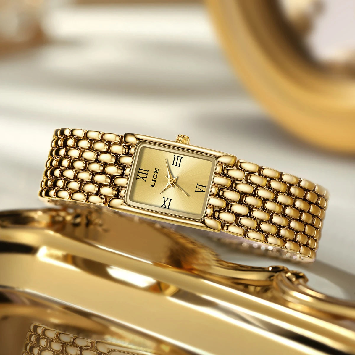 LIGE Gold Watch for Women Square Ladies Quartz Wristwatches Stainless Steel Women Small Gold Watch Luxury Casual Fashion Watch