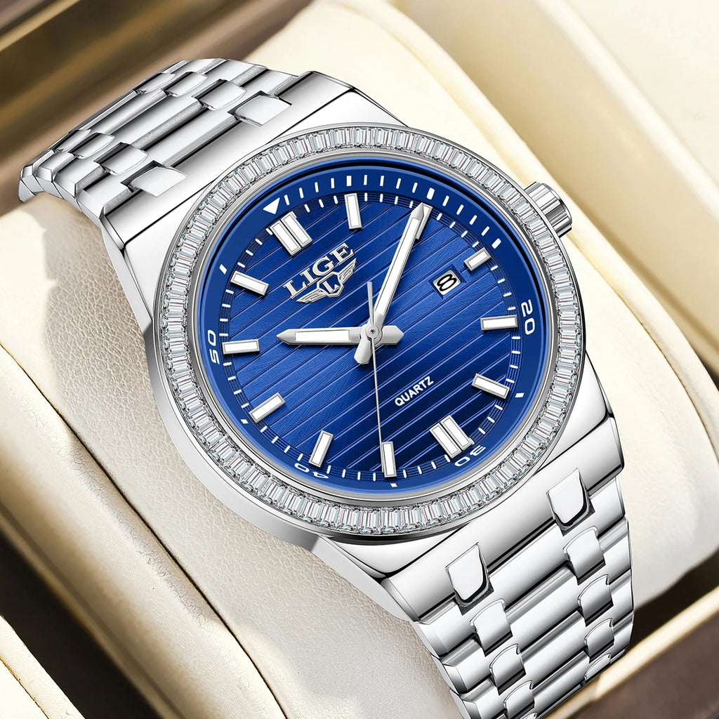 LIGE High Quality Men Watches Business Top Brand Luxury Man Diamond Wristwatch Waterproof Luminous Quartz Watch Calendar Clock