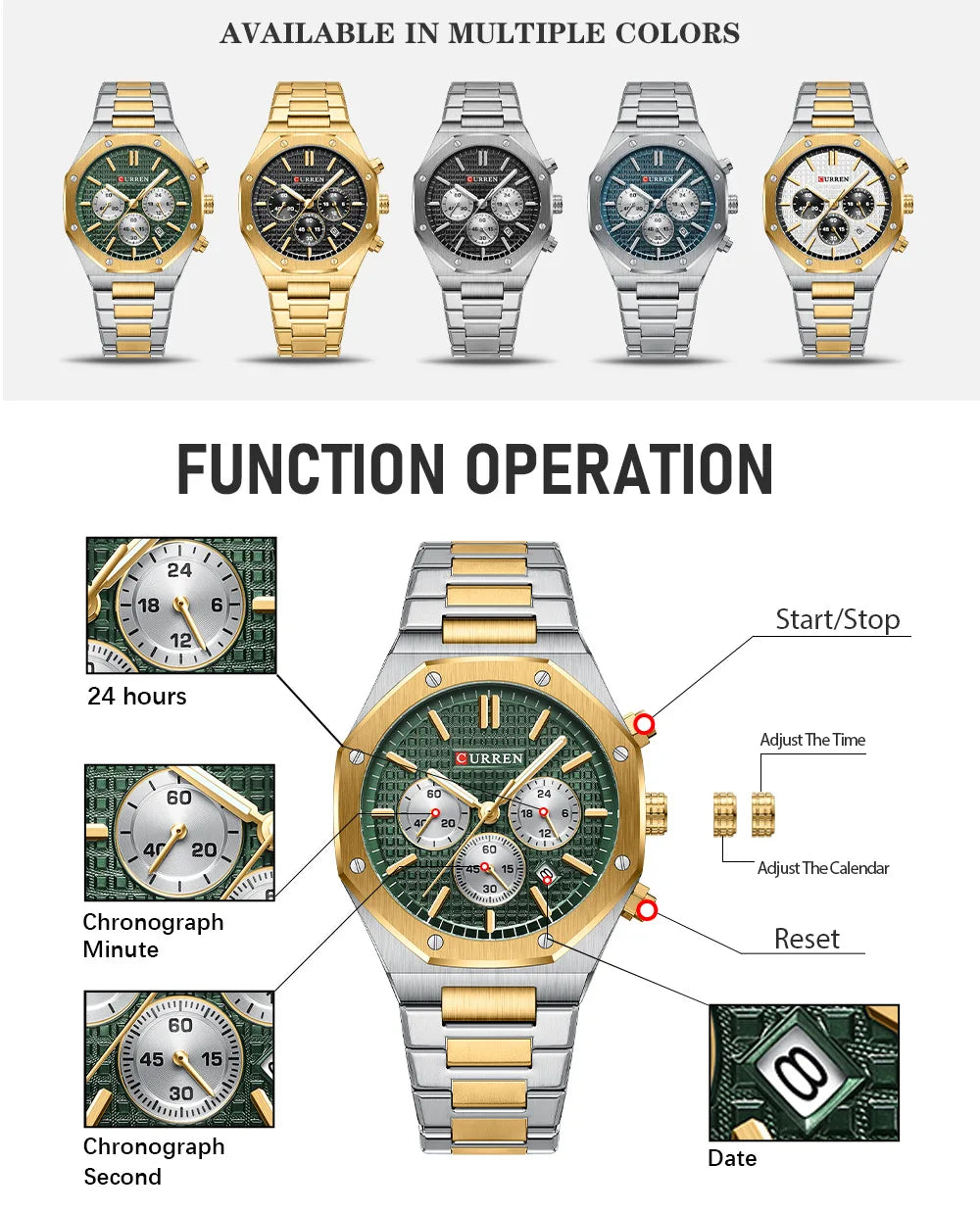 CURREN 8440 Fashion Men's Quartz Watch Multifunction Chronograph Calendar Luminous Wrsitwatch Casual Sports Watches for Man
