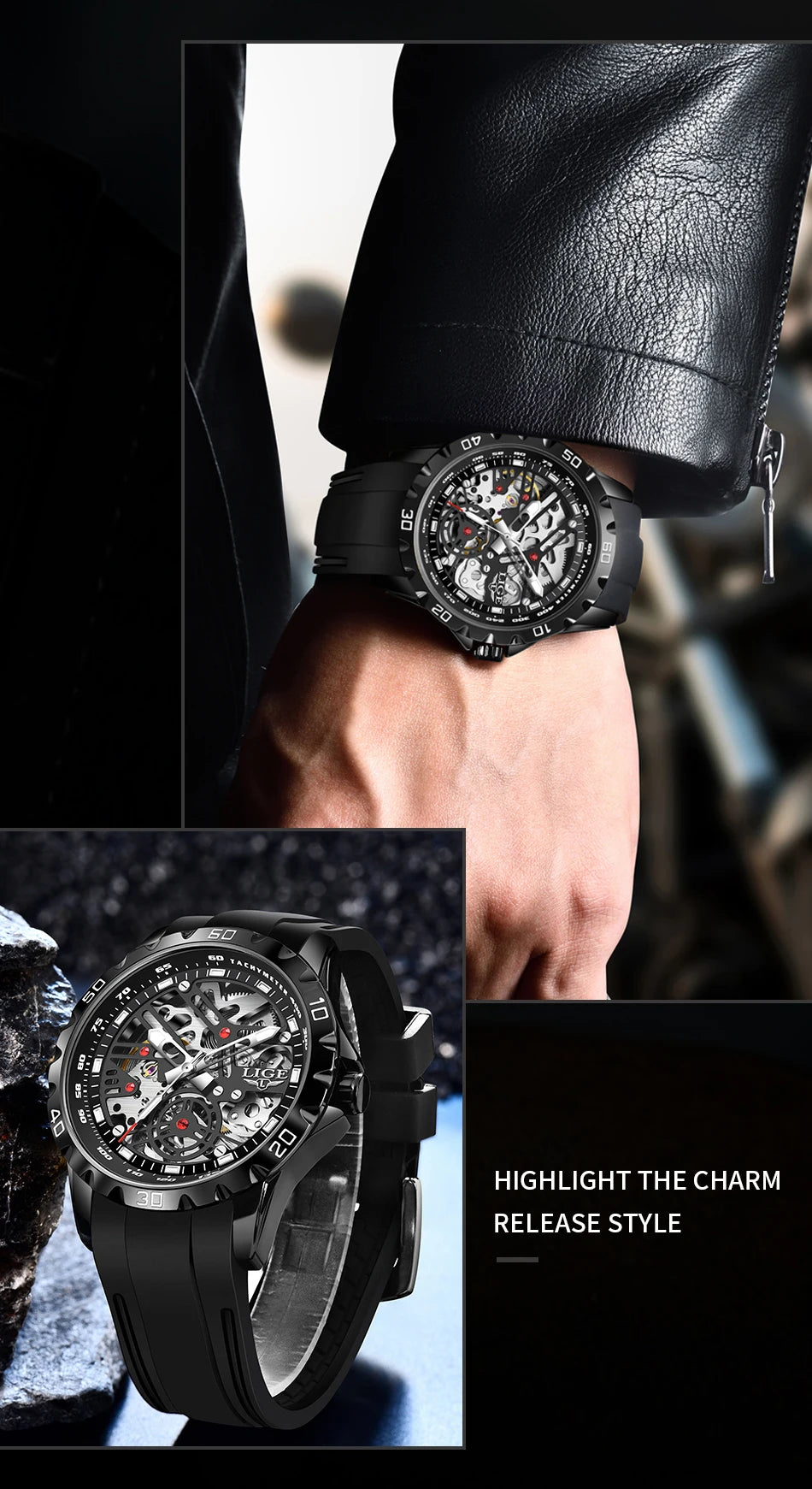 LIGE Luxury Men  Automatic Mechanical Watch Luminous Hollowed Movement Waterproof Luminous Mechanical wristwatches  Reloj Montre