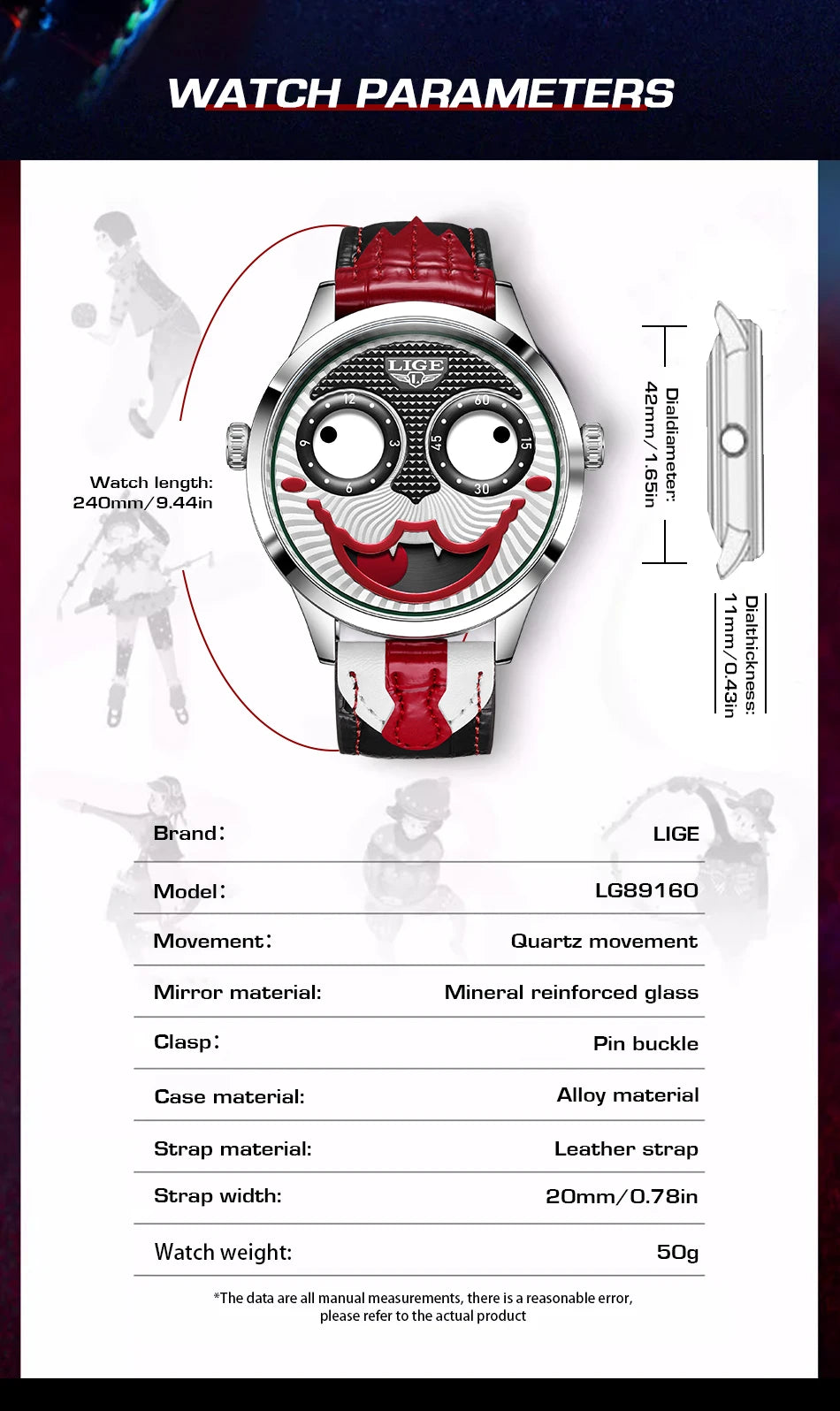 LIGE Creative Watches For Men Clown Fashion Quartz Wristwatches Waterproof Leather Strap Mens Watch Cool Joker Reloj Hombre