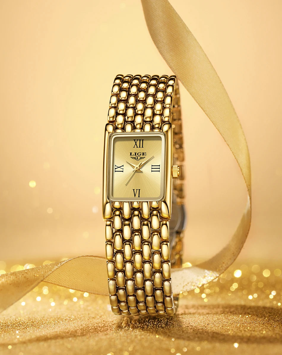 LIGE Gold Watch for Women Square Ladies Quartz Wristwatches Stainless Steel Women Small Gold Watch Luxury Casual Fashion Watch