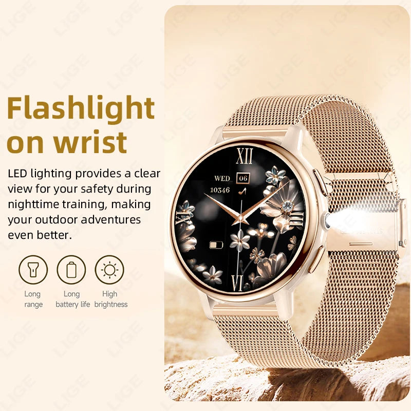 LIGE Lady Fashion Smart Watch 1.26" HD Heart Rate Women's Health Bluetooth Voice Call Waterproof Flashlight Smartwatch New 2025