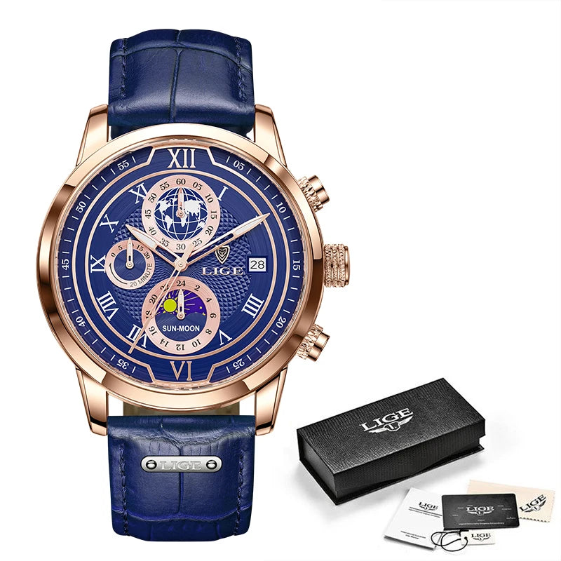 LIGE Brand Luxury Mens Watch Business Fashion Quartz Wristwatch Sport Waterproof Luminous Leather Strap Watches Men Reloj hombre