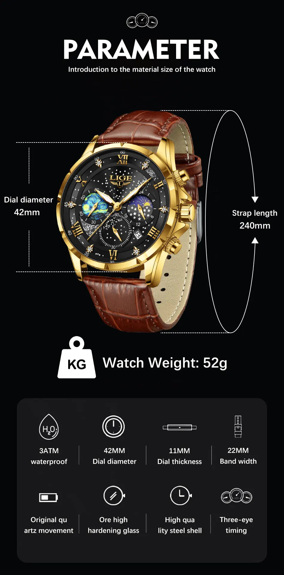 LIGE Men Watches Casual Sport Watch Men Luxury Waterproof Date Luminous Chronograph Wristwatch Male Quartz Watches Leather Clock