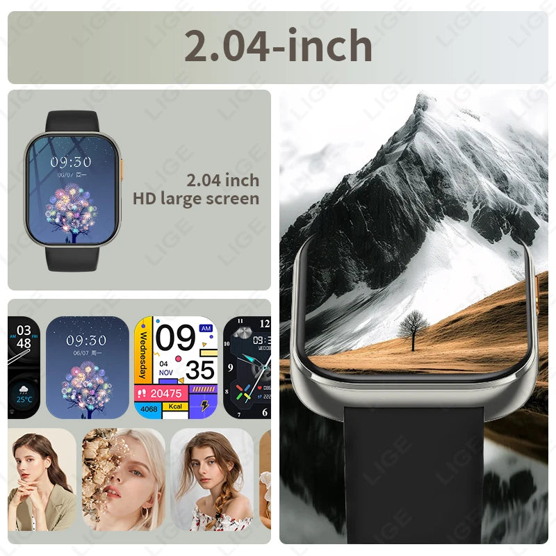 LIGE 2026 1000mAh Battery Men Women Smart Watch 2.04" HD Large Screen Flashlight Hear Rate Bluetooth Call Smartwatch 100+ Sports