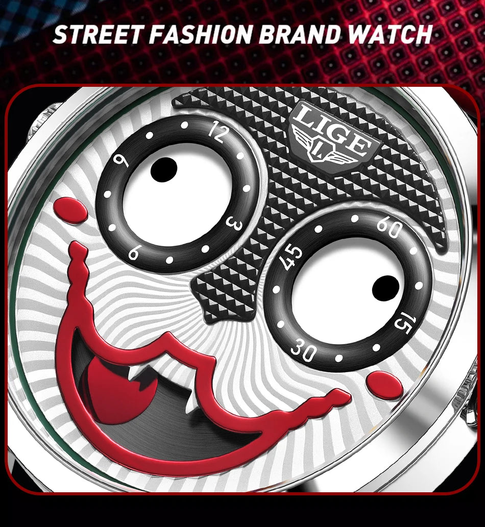 LIGE Creative Watches For Men Clown Fashion Quartz Wristwatches Waterproof Leather Strap Mens Watch Cool Joker Reloj Hombre