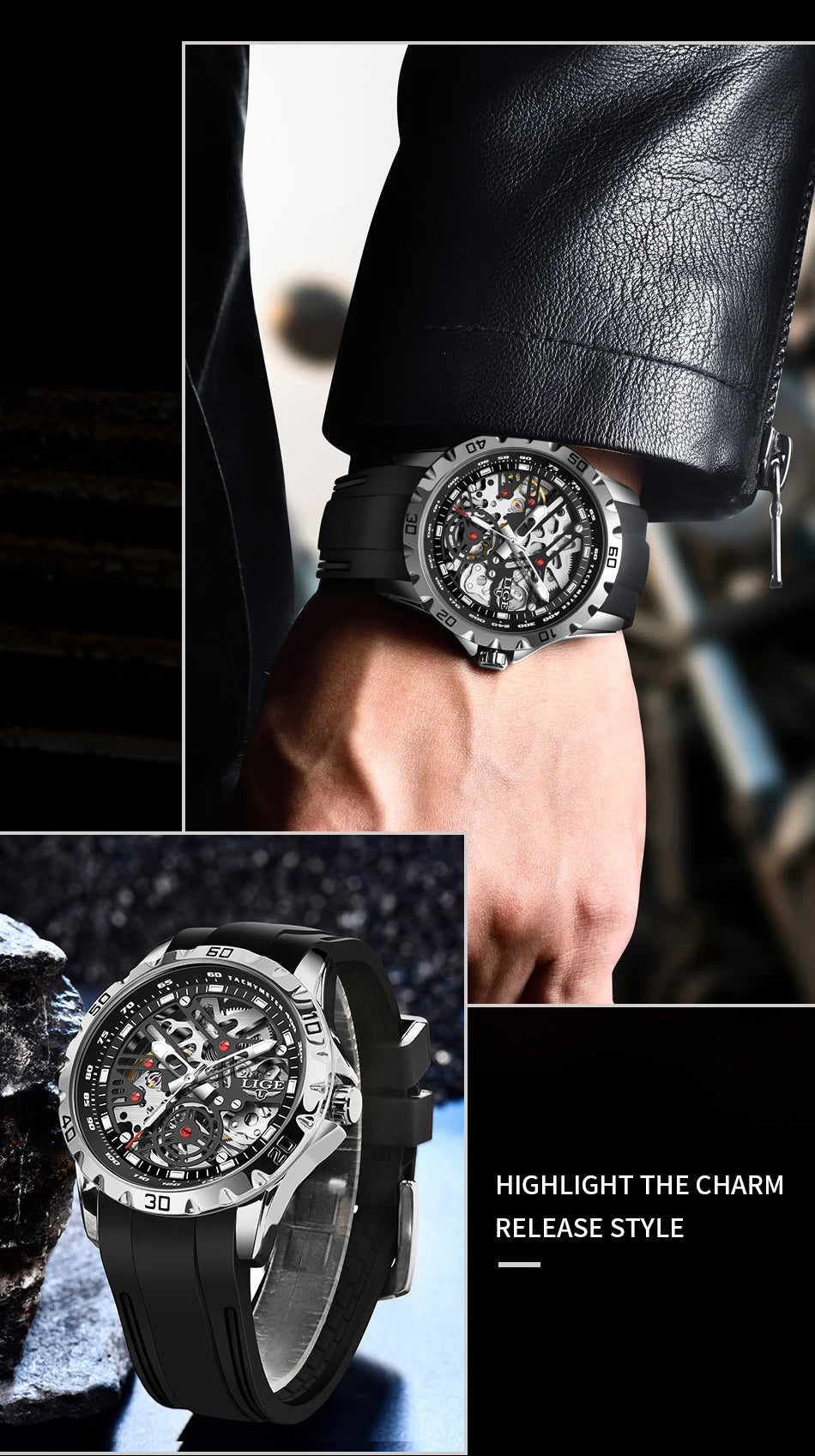 LIGE Luxury Men  Automatic Mechanical Watch Luminous Hollowed Movement Waterproof Luminous Mechanical wristwatches  Reloj Montre