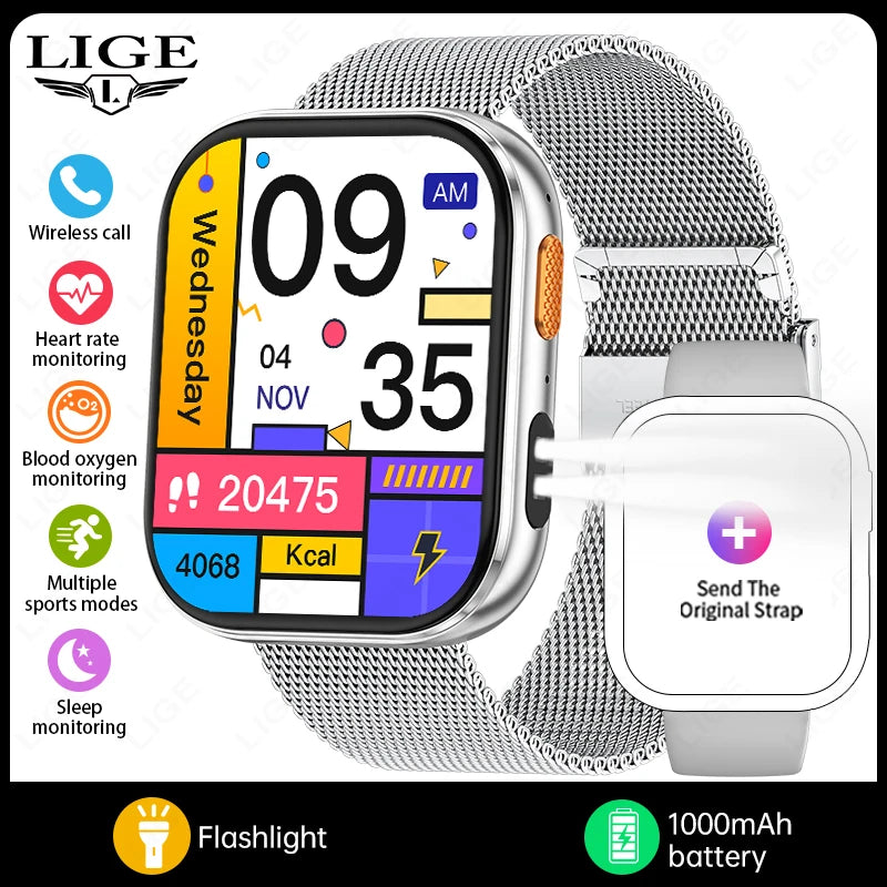 LIGE 2026 1000mAh Battery Men Women Smart Watch 2.04" HD Large Screen Flashlight Hear Rate Bluetooth Call Smartwatch 100+ Sports
