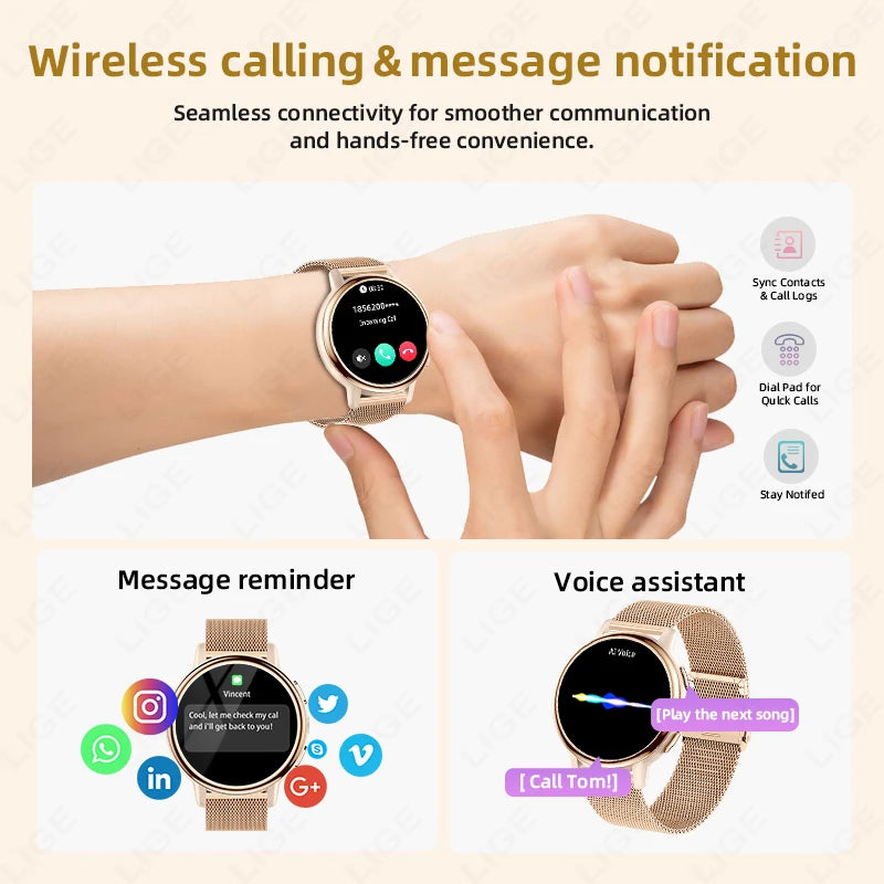 LIGE New Women Smart Watch Luxury 1.26’’ HD Screen Bluetooth Call Smartwatch Ladies Full Touch Flashlight Waterproof Smartwatch