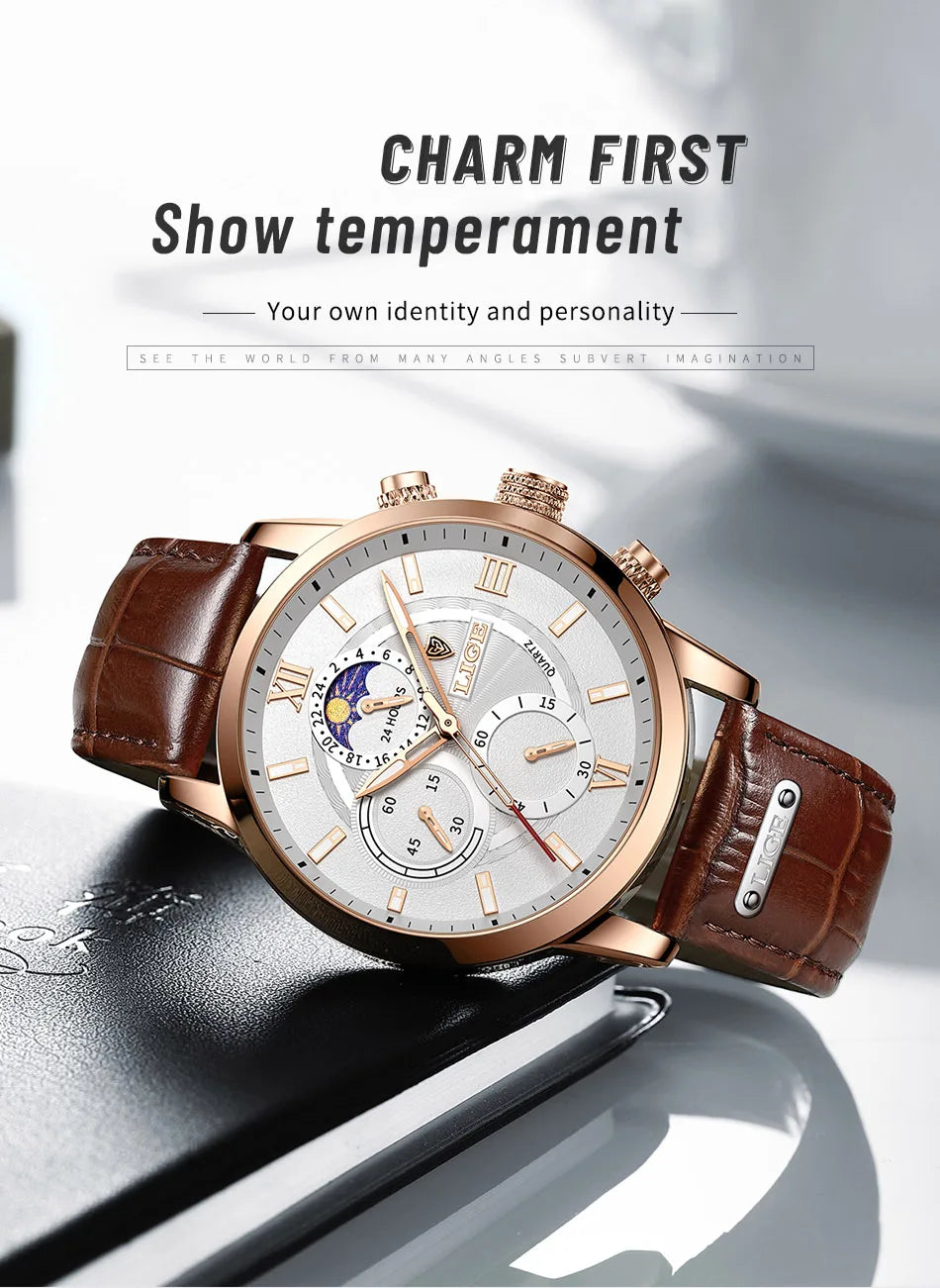 LIGE New Mens Watches Top Brand Luxury Brown Leather Casual Quartz Watch Men Sport Waterproof Clock Watch Relogio Masculino