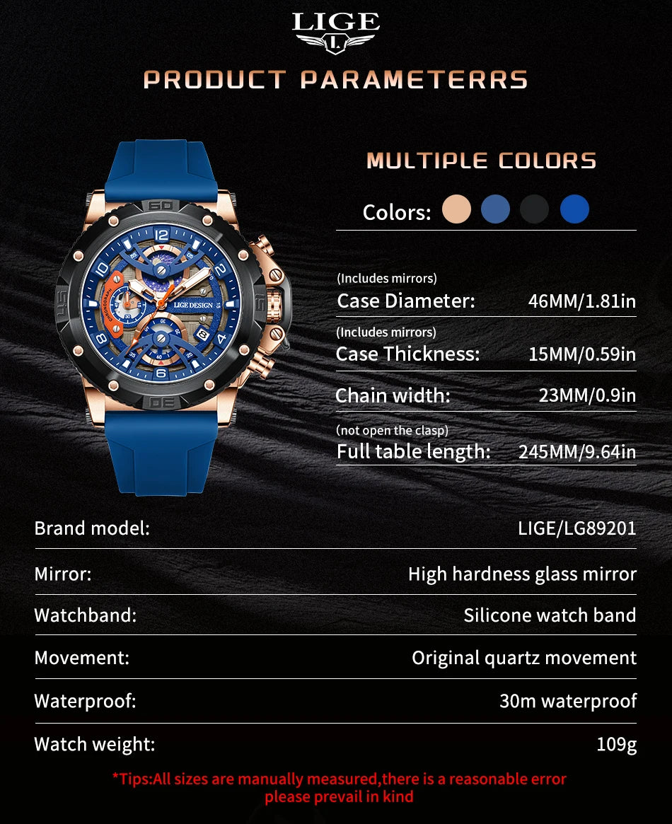 LIGE New Luxury Mens Watch Fashion Sports Dive Watches Men Waterproof Luminous Chronograph Quartz Wristwatches Reloj Hombre