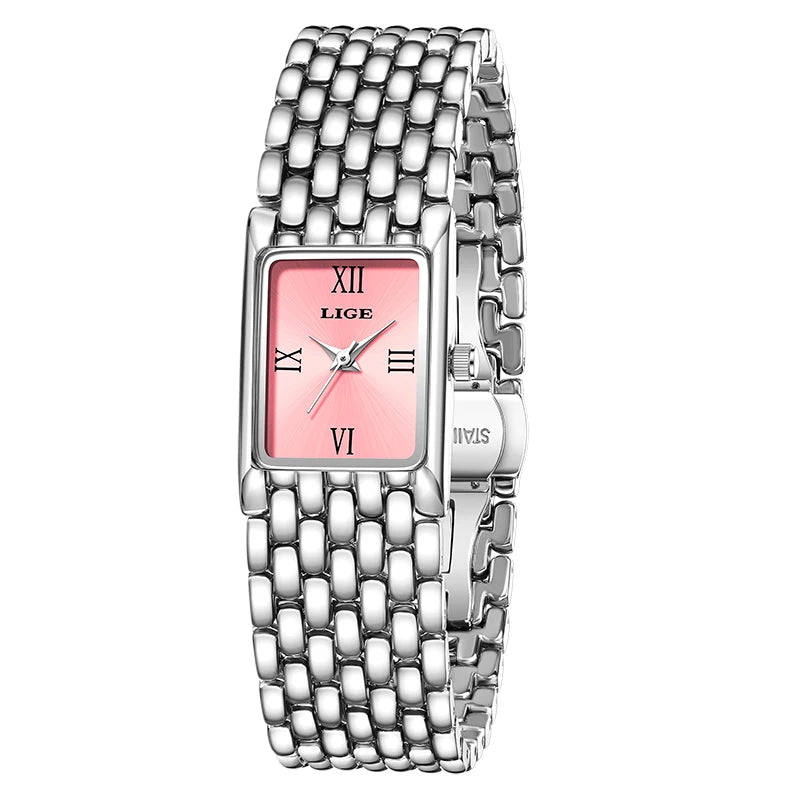 LIGE Watch Women Fashion Casual Luxury Womens Waterproof Square Dial Steel Belt Quartz Wrist Watches Christmas Gifts Reloj Mujer