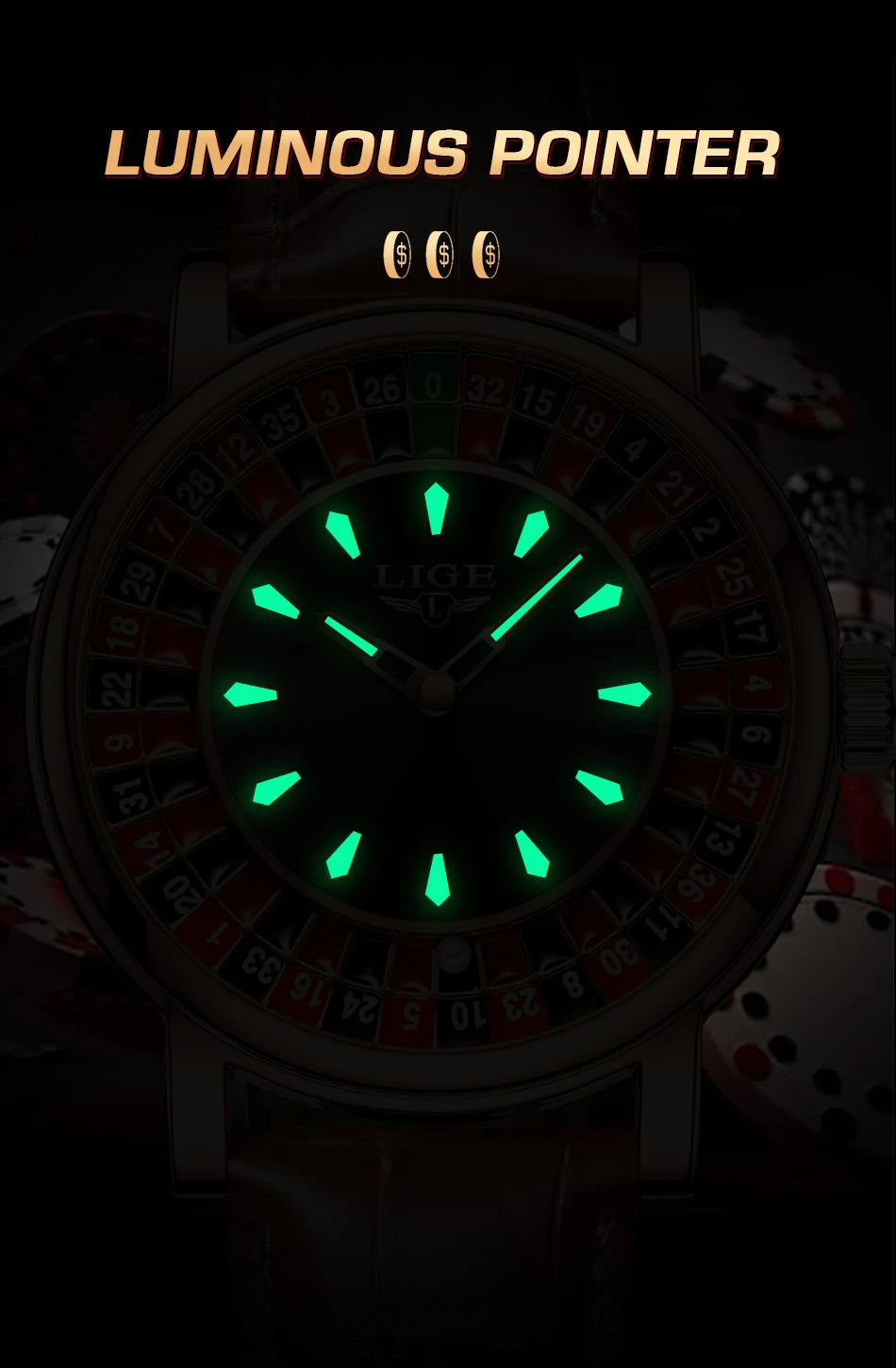 LIGE 2025 NEW mens watch Featured Dial Las Vegas Roulette Table Desk Theme waterproof quartz watches for men reloj hommes+BOX