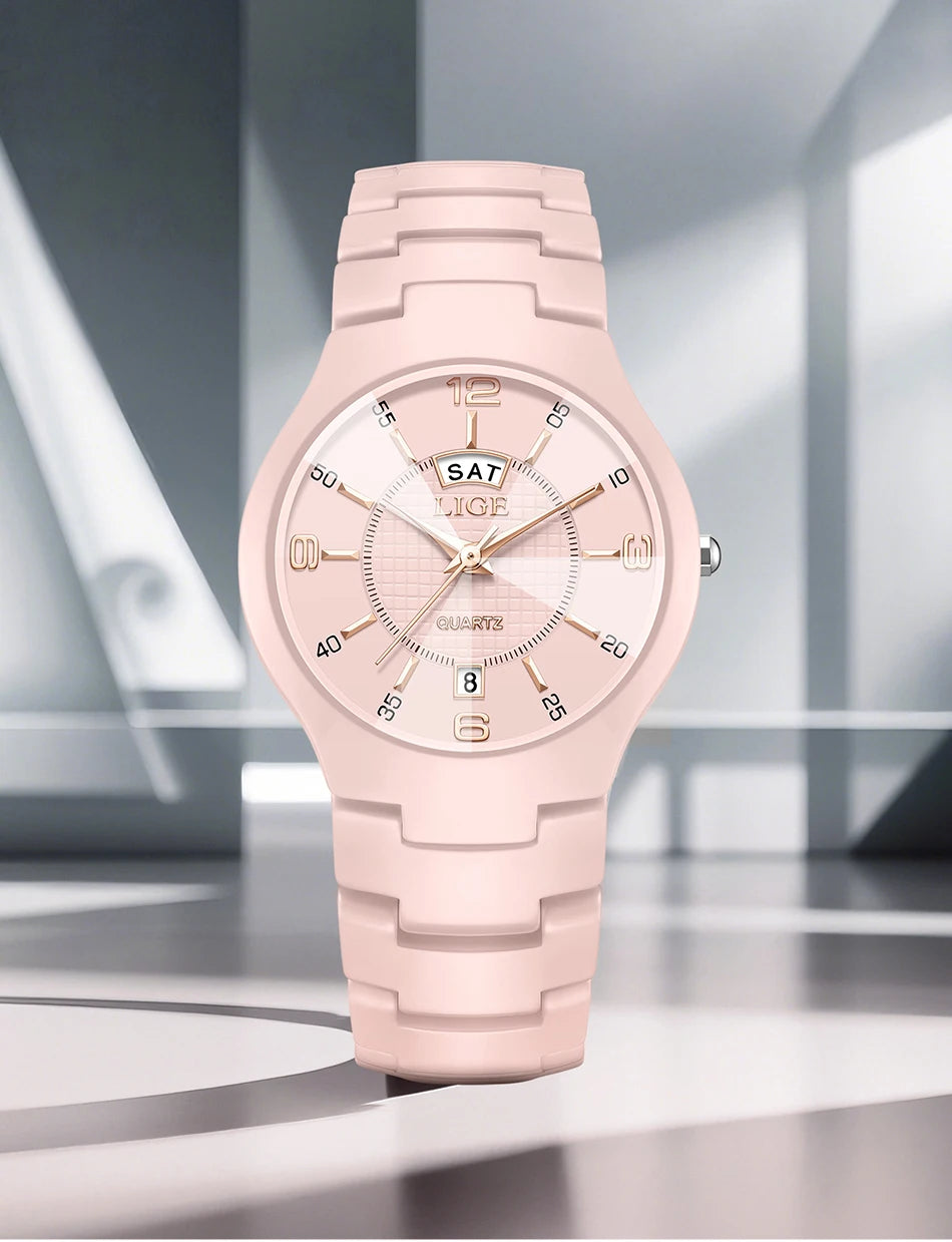 LIGE 2026 Elegant Ceramic Womens Watch Luxury Fashion Quartz Wristwatches Waterproof Date Week Watches Ladies Gifts Reloj Mujer