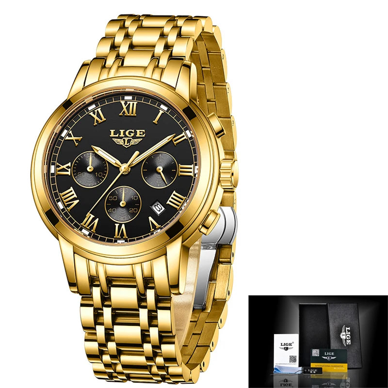 LIGE Women's Watches Ladies Quartz Watch Waterproof Stainless Steel Strap Chronograph Watch for Women Fashion Watch Bracelet Set
