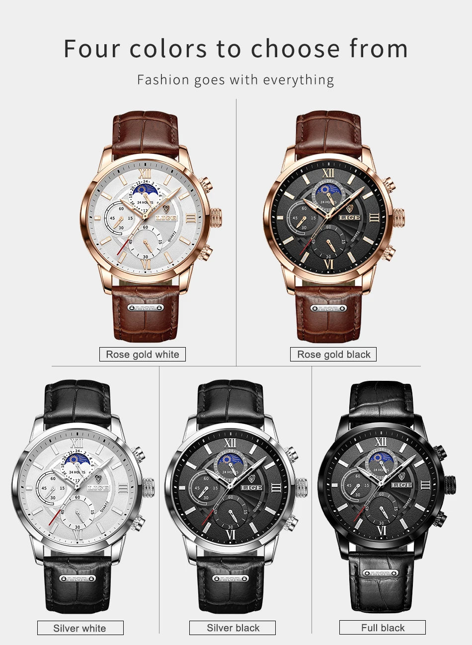 LIGE 2024 New Mens Watches Top Brand Luxury Brown Leather Casual Quartz Watch Men Sport Waterproof Clock Watch Relogio Masculino