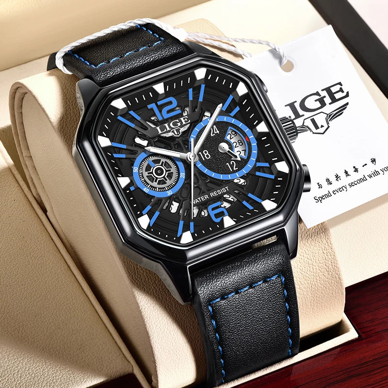 LIGE Fashion Mens Watch Leather Clock Brand Luxury Sport Chronograph Quartz Watches For Men Wrist Watch Relogios Masculino+Box