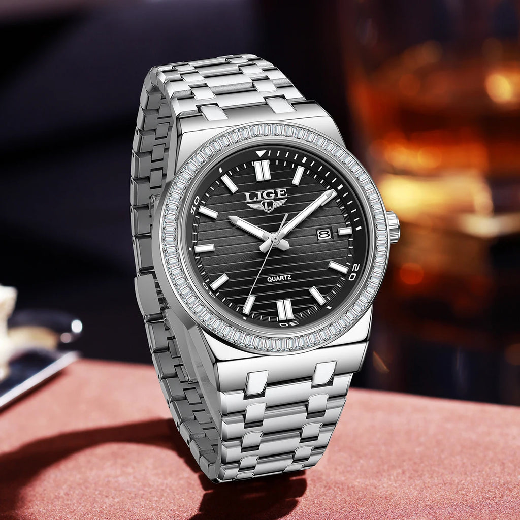 LIGE High Quality Men Watches Business Top Brand Luxury Man Diamond Wristwatch Waterproof Luminous Quartz Watch Calendar Clock