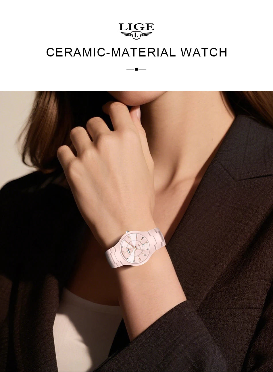 LIGE 2026 Elegant Ceramic Womens Watch Luxury Fashion Quartz Wristwatches Waterproof Date Week Watches Ladies Gifts Reloj Mujer