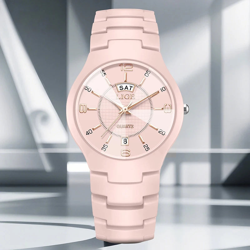 LIGE 2026 Elegant Ceramic Womens Watch Luxury Fashion Quartz Wristwatches Waterproof Date Week Watches Ladies Gifts Reloj Mujer