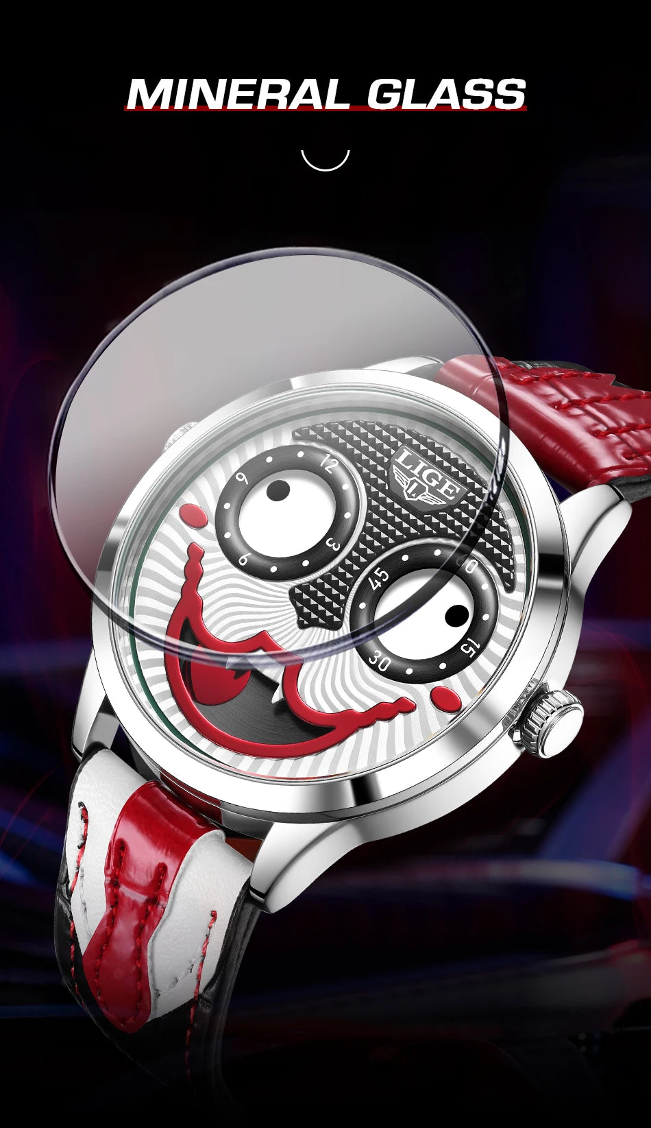 LIGE Creative Watches For Men Clown Fashion Quartz Wristwatches Waterproof Leather Strap Mens Watch Cool Joker Reloj Hombre