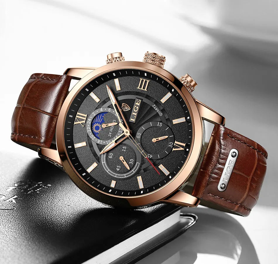 LIGE 2024 New Mens Watches Top Brand Luxury Brown Leather Casual Quartz Watch Men Sport Waterproof Clock Watch Relogio Masculino