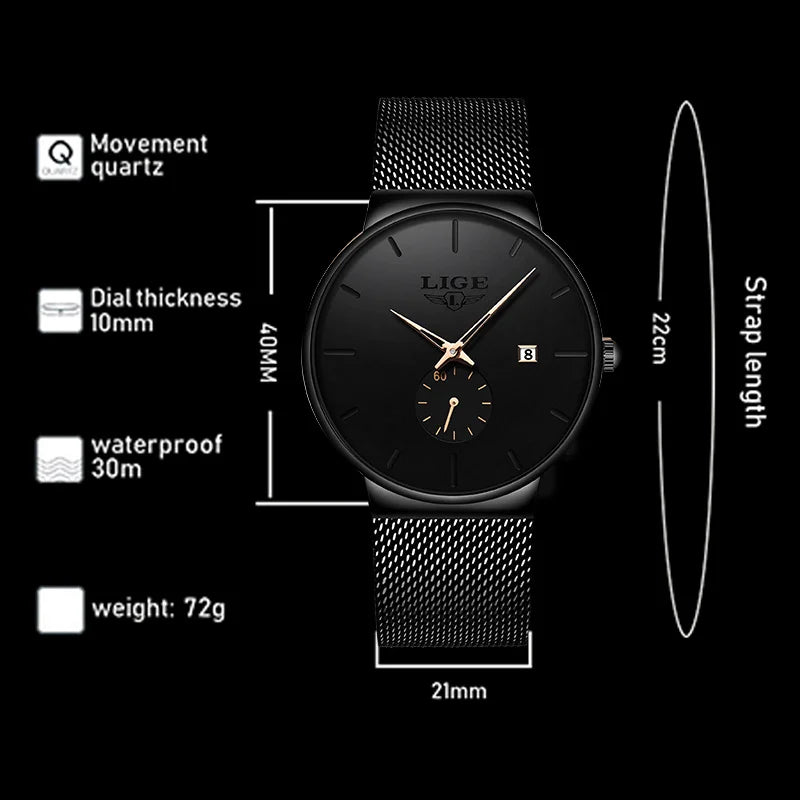 LIGE mens wristwatch simple luxury fashion clock quartz men sports watches Waterproof Watches Gift For Men Relogio Masculino+BOX