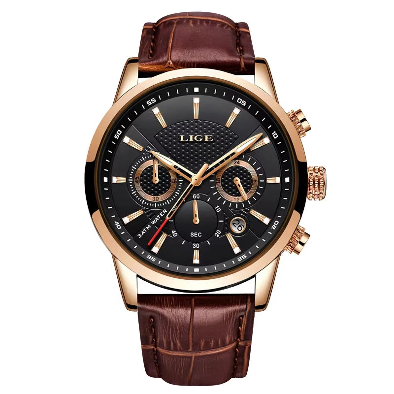 LIGE Mens Business Watches Luxury Waterproof Sport Man Watch Chronograph Genuine Leather Men Quartz Wristwatch Relogio Masculino