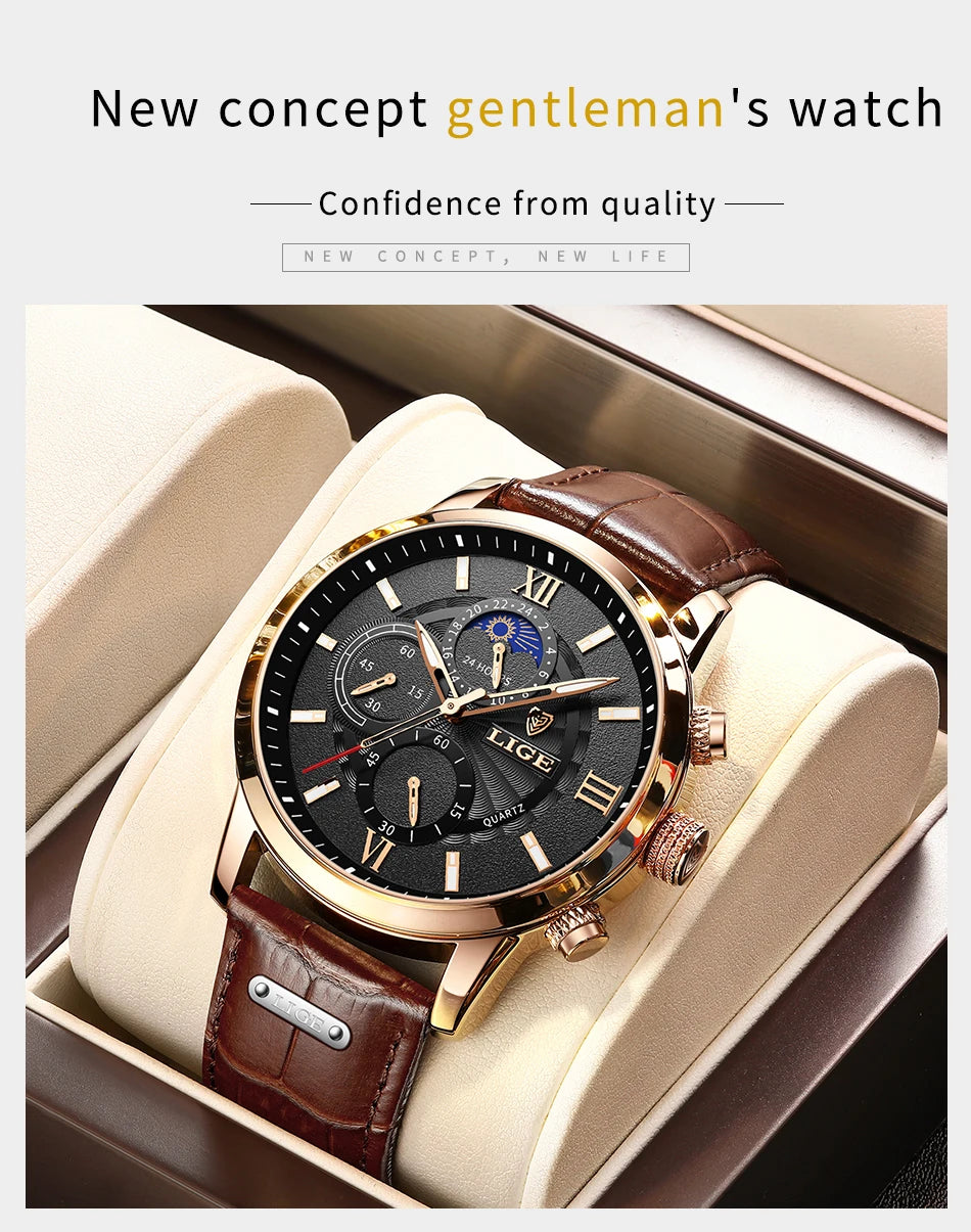 LIGE 2024 New Mens Watches Top Brand Luxury Brown Leather Casual Quartz Watch Men Sport Waterproof Clock Watch Relogio Masculino