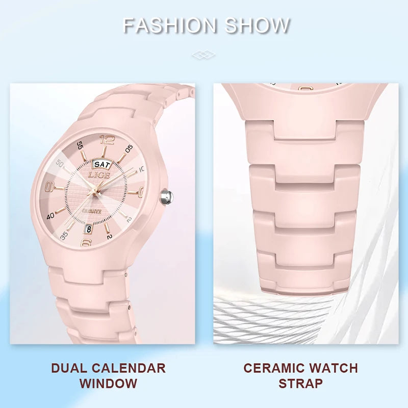 LIGE 2026 Elegant Ceramic Womens Watch Luxury Fashion Quartz Wristwatches Waterproof Date Week Watches Ladies Gifts Reloj Mujer