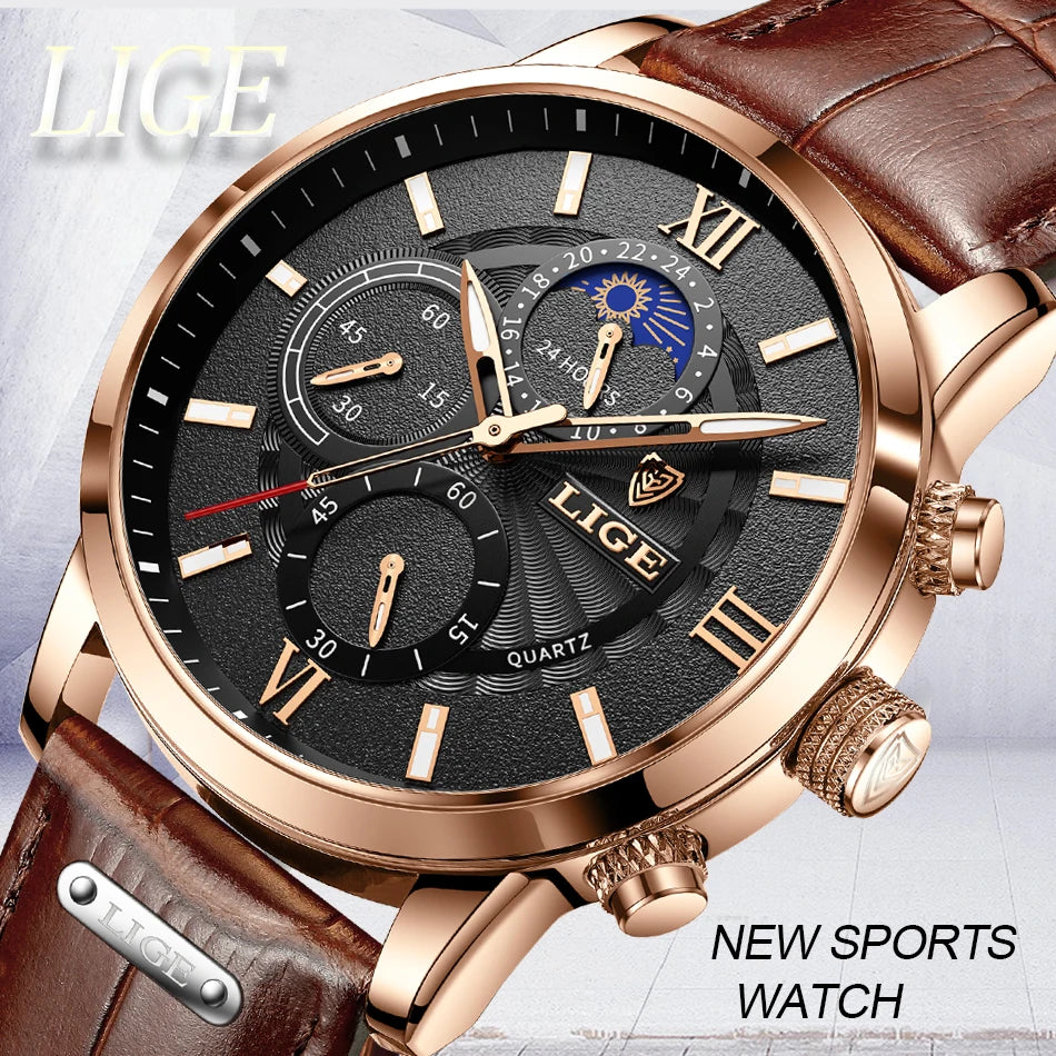 LIGE 2024 New Mens Watches Top Brand Luxury Brown Leather Casual Quartz Watch Men Sport Waterproof Clock Watch Relogio Masculino