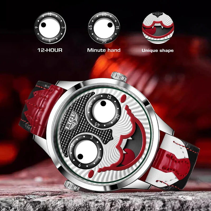 LIGE Creative Watches For Men Clown Fashion Quartz Wristwatches Waterproof Leather Strap Mens Watch Cool Joker Reloj Hombre