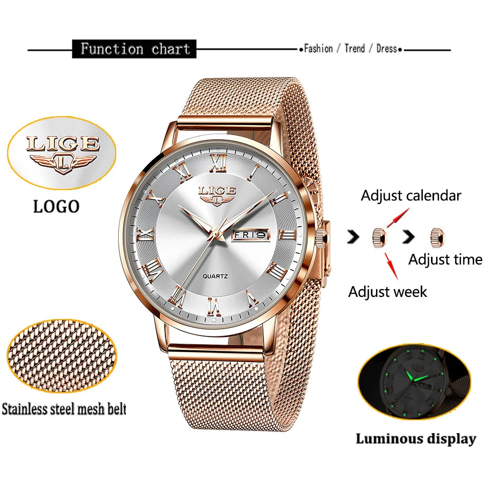 LIGE New Watch Women Luxury Watches Ladies Creative Steel Women's Bracelet Watches Female Waterproof Clock Relogio Feminino