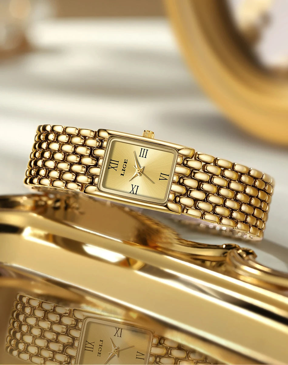 LIGE Gold Watch for Women Square Ladies Quartz Wristwatches Stainless Steel Women Small Gold Watch Luxury Casual Fashion Watch